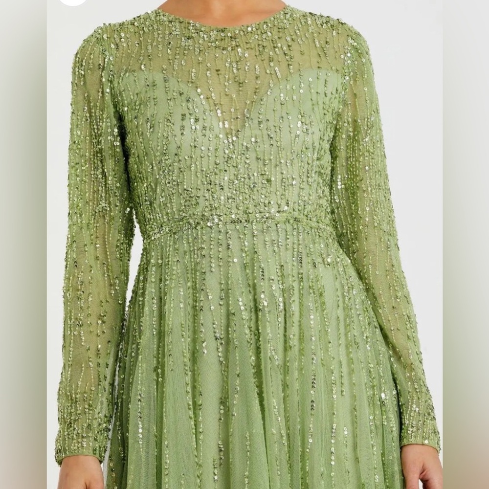 NWT| 5636 Sage Green Illusion High Neck Long Sleeve Embellished Gown Size 10 - Picture 3 of 15